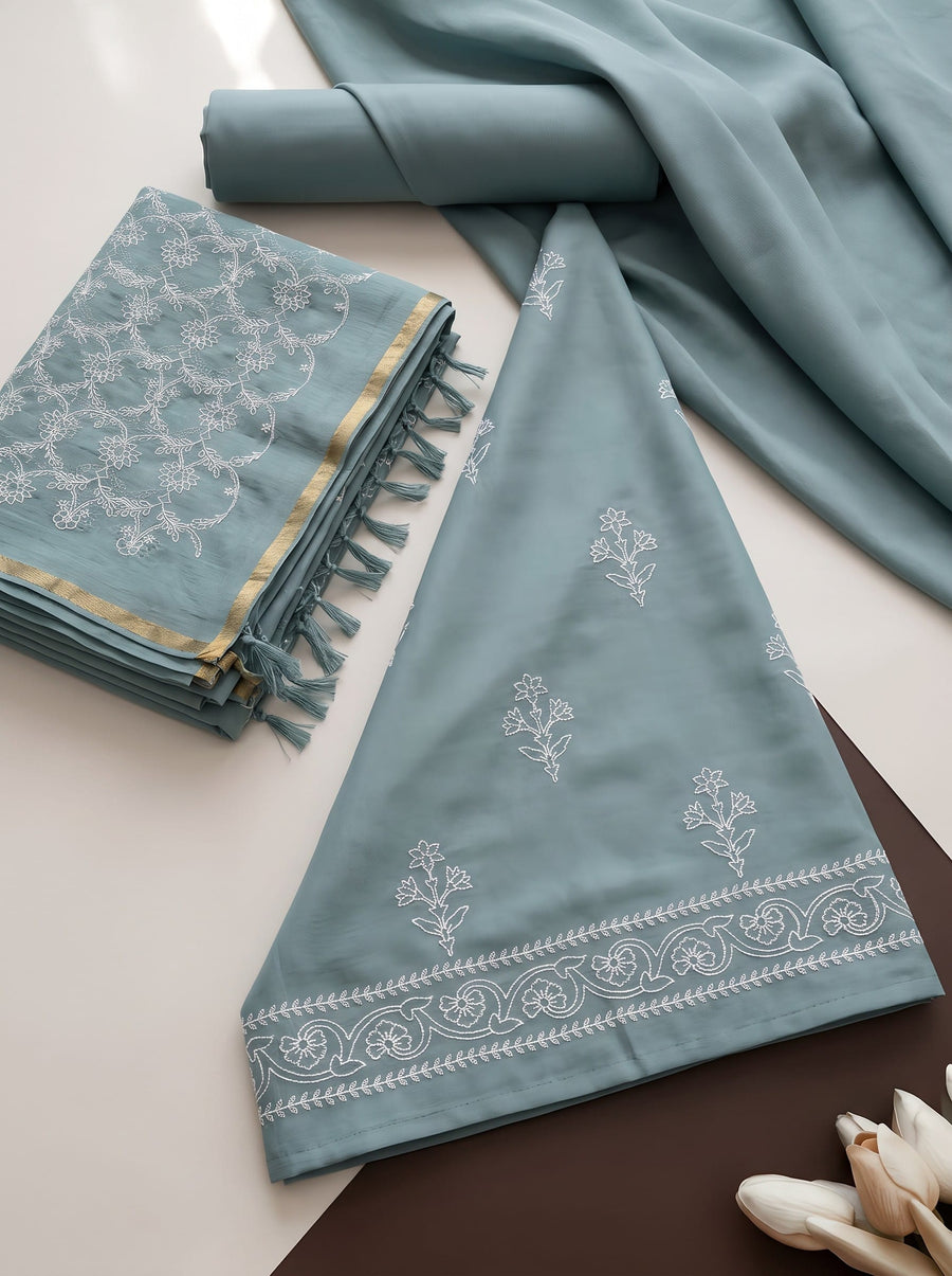 Sage Green Chanderi Mulmul Dress Material With Embroidered Details
