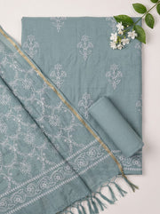 Sage Green Chanderi Mulmul Dress Material With Embroidered Details