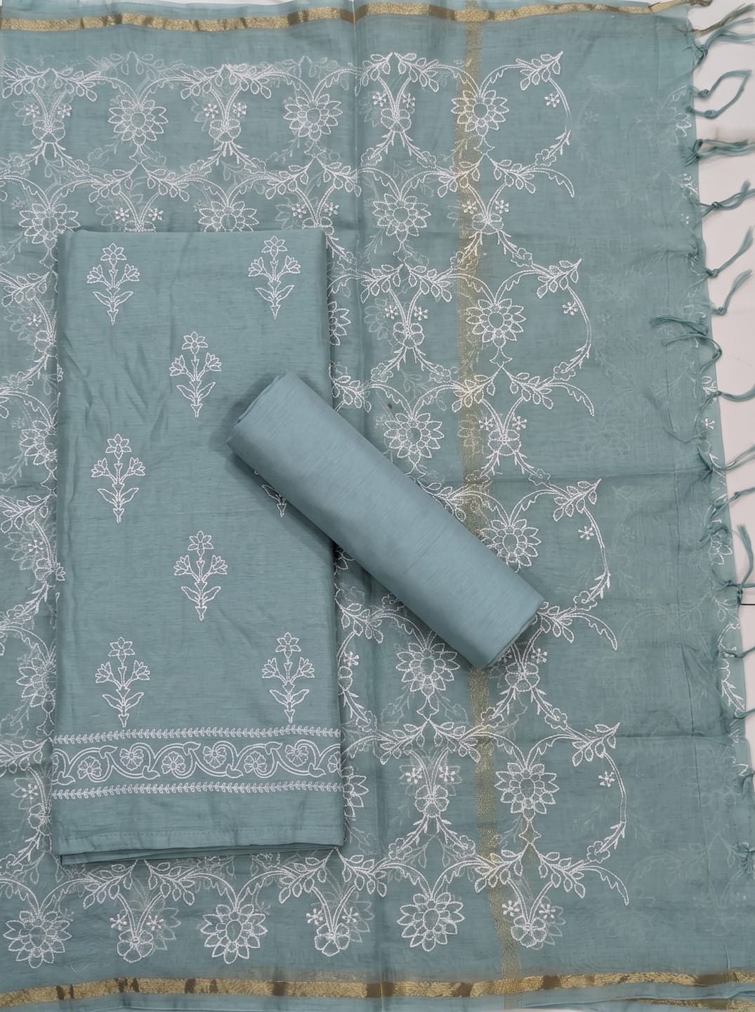 Sage Green Chanderi Mulmul Dress Material With Embroidered Details