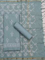 Sage Green Chanderi Mulmul Dress Material With Embroidered Details