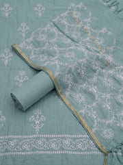 Sage Green Chanderi Mulmul Dress Material With Embroidered Details