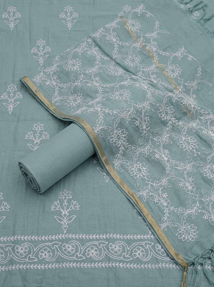 Sage Green Chanderi Mulmul Dress Material With Embroidered Details