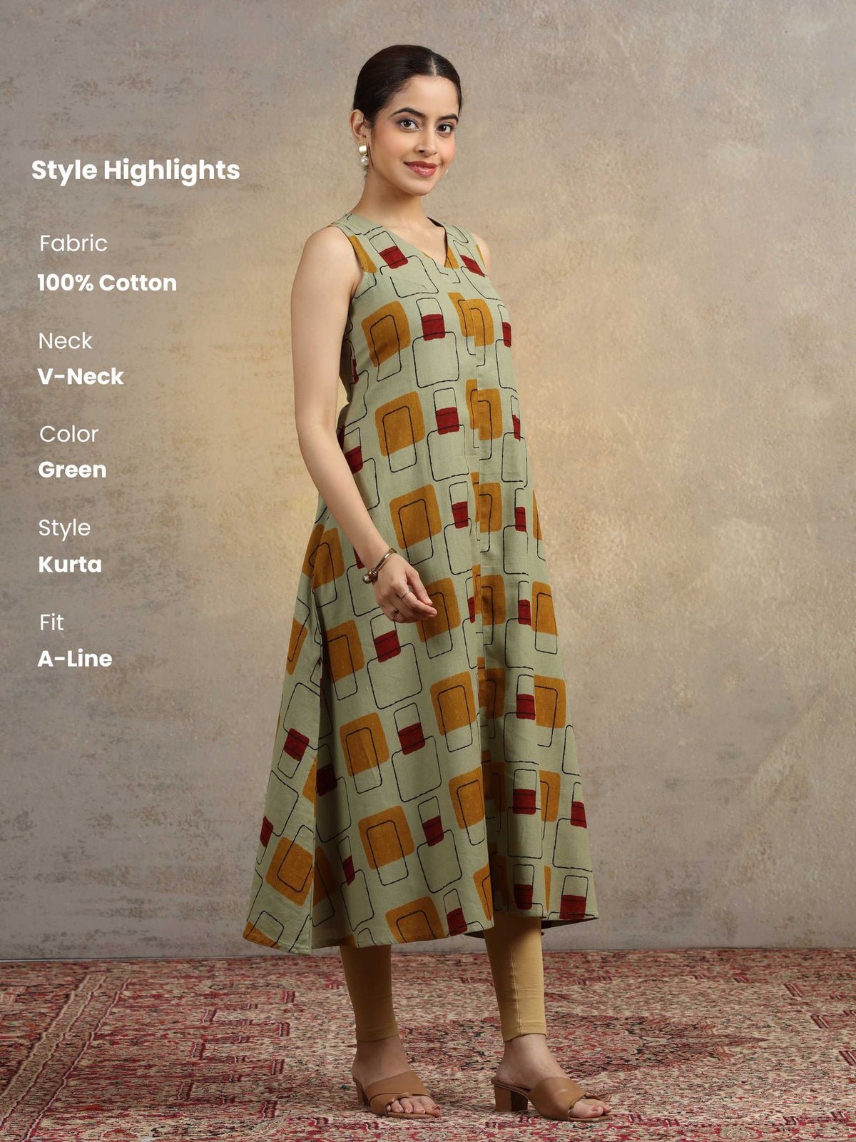 Sage Green Geometric Print A-Line Pure Cotton Kurta