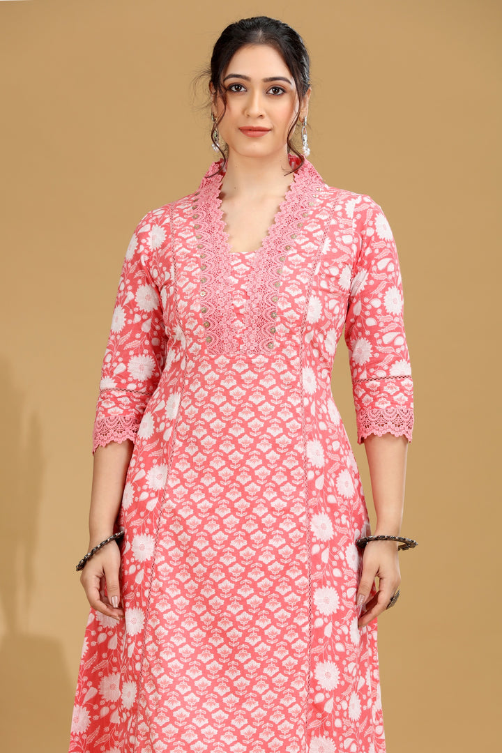 Salmon Pink Printed A-Line Cotton Co-ord Set