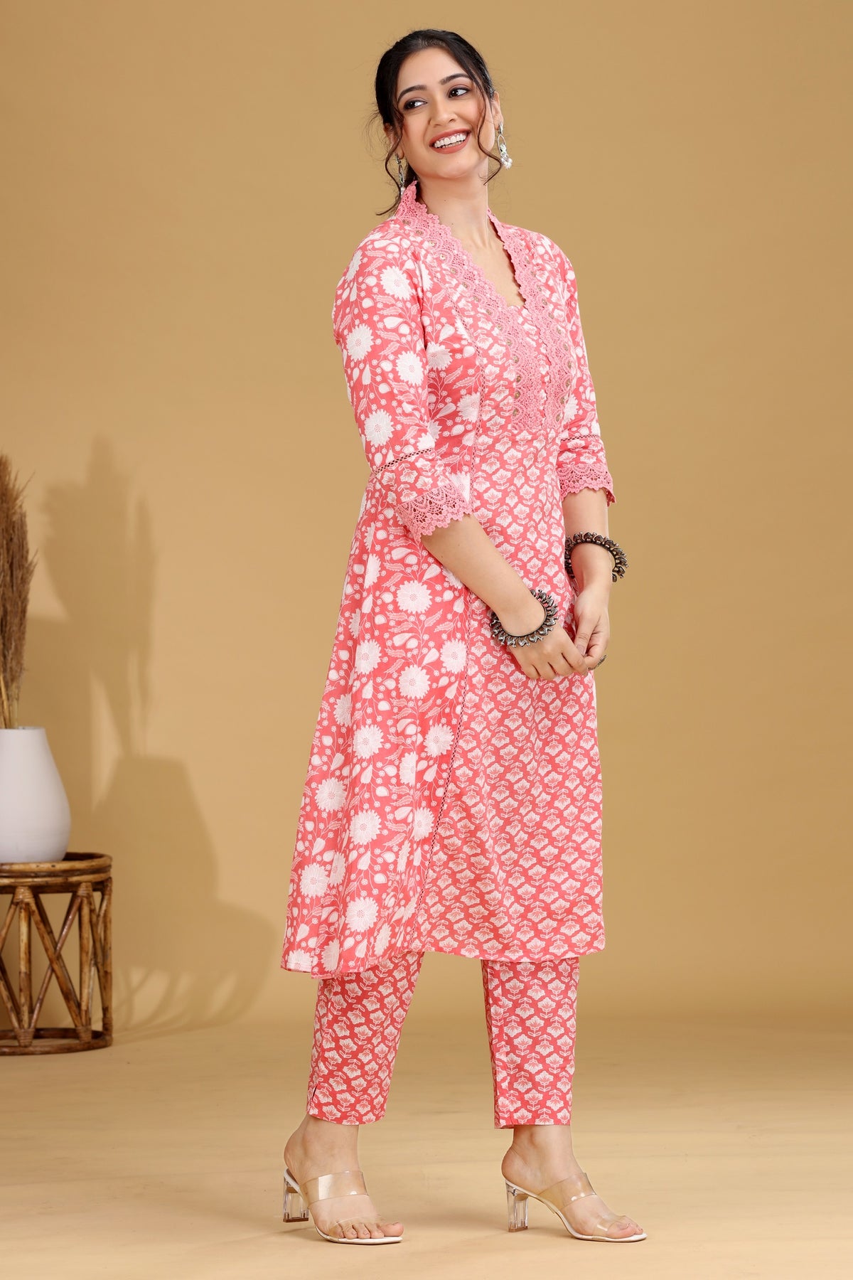 Salmon Pink Printed A-Line Cotton Co-ord Set