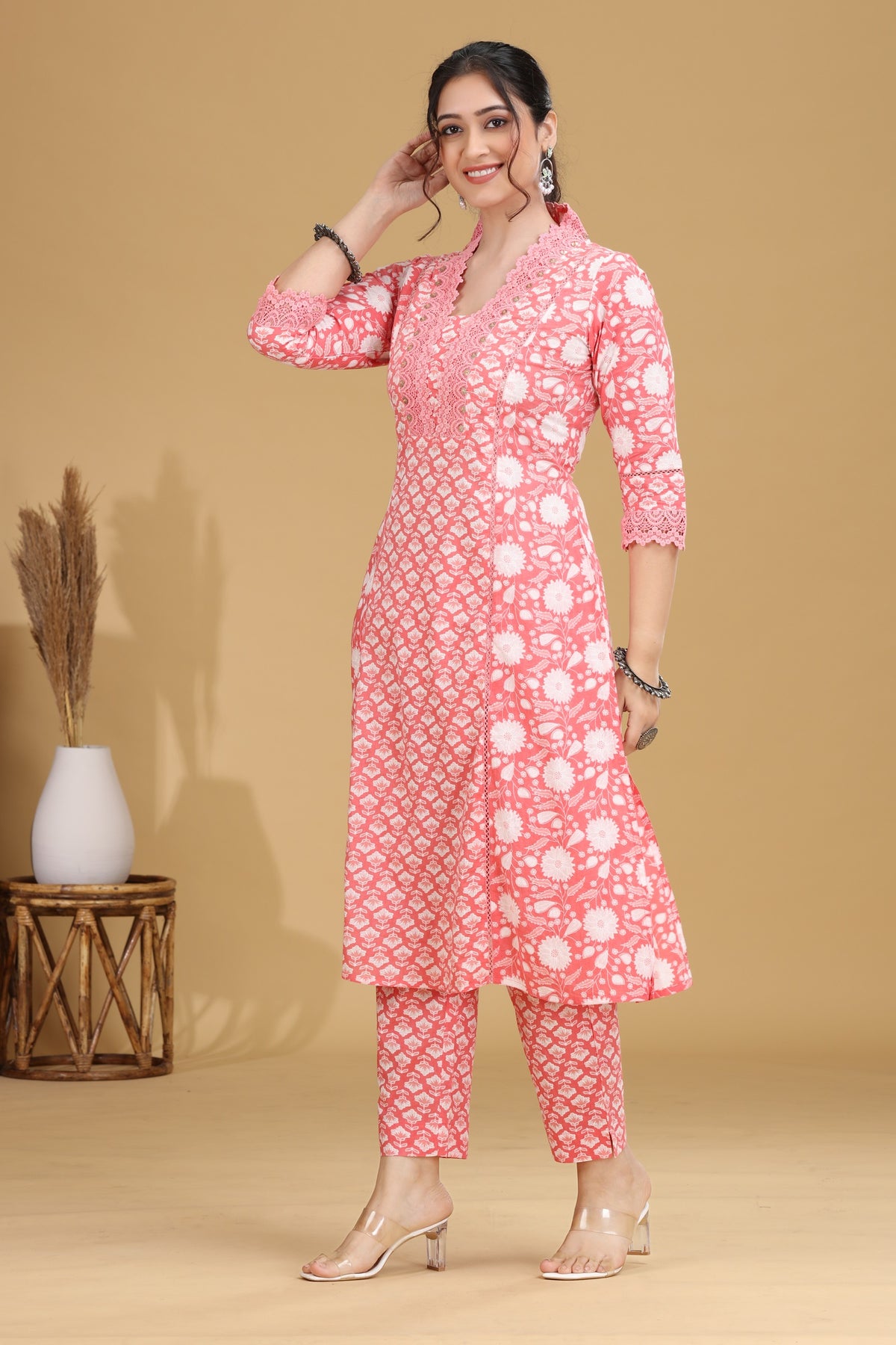 Salmon Pink Printed A-Line Cotton Co-ord Set