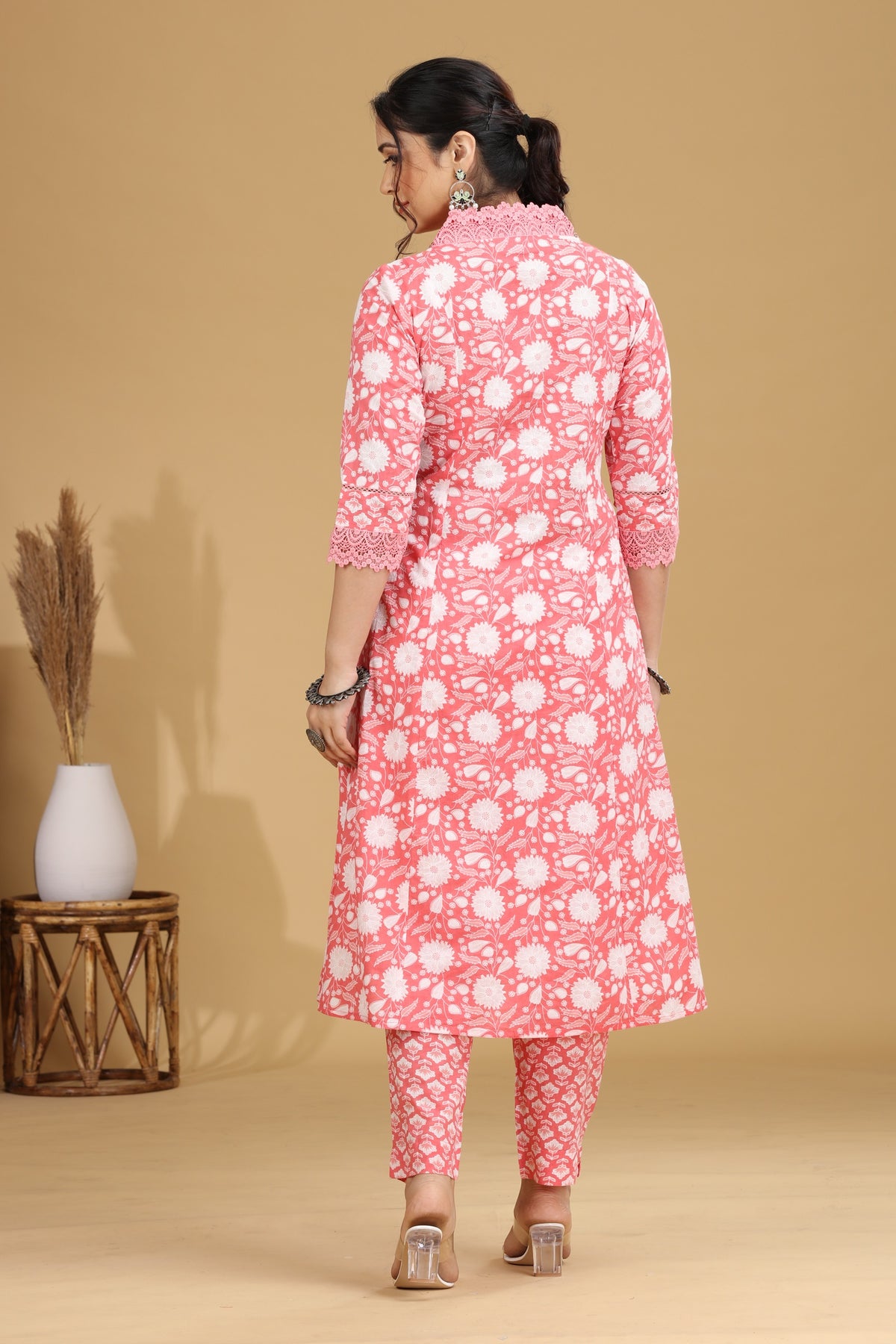 Salmon Pink Printed A-Line Cotton Co-ord Set