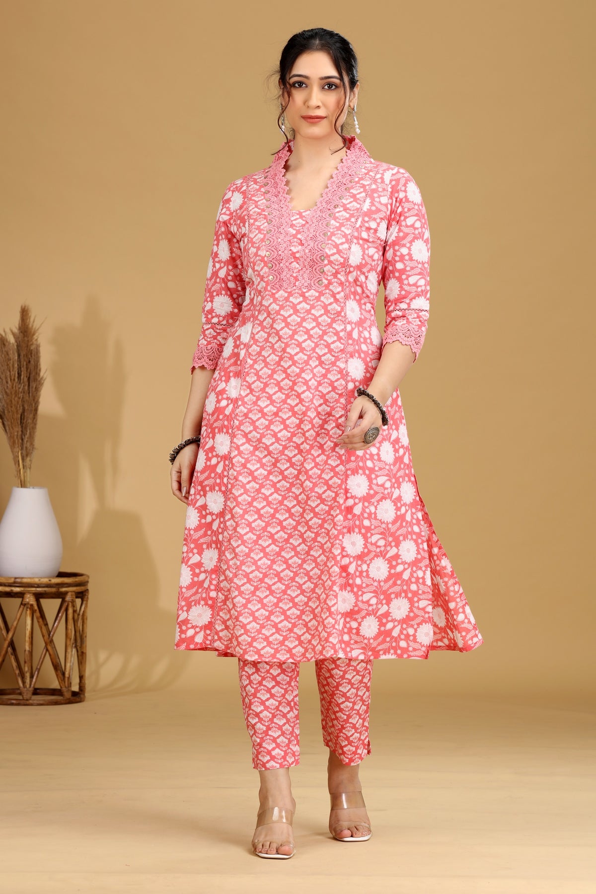 Salmon Pink Printed A-Line Cotton Co-ord Set