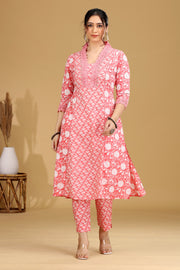 Salmon Pink Printed A-Line Cotton Co-ord Set