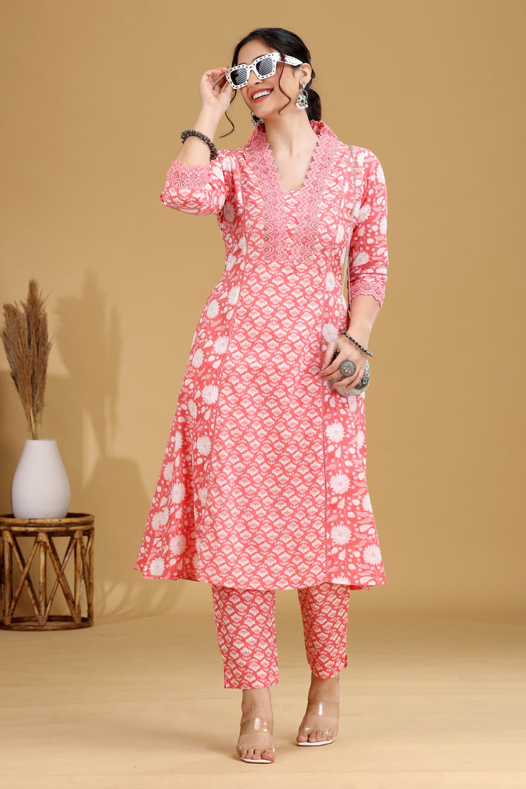 Salmon Pink Printed A-Line Cotton Co-ord Set