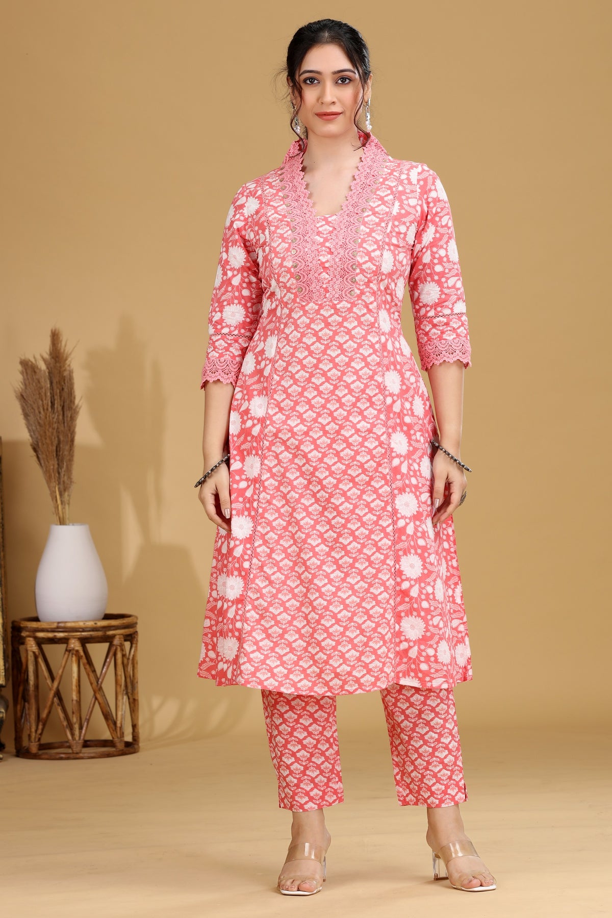 Salmon Pink Printed A-Line Cotton Co-ord Set