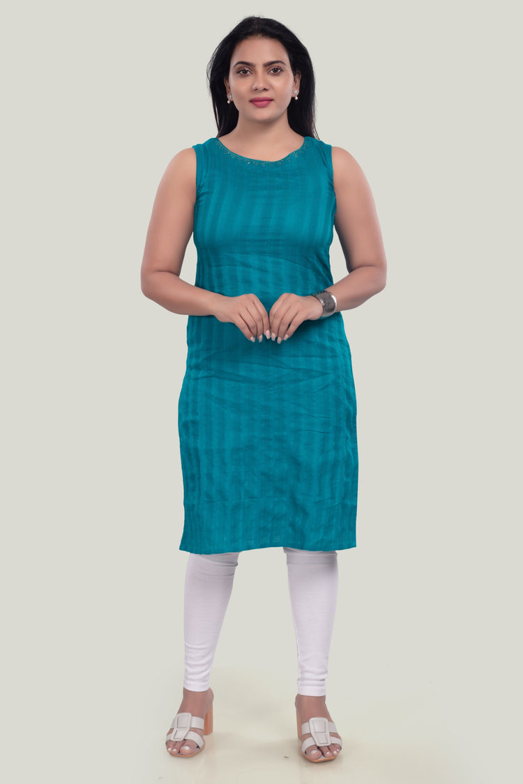 Teal Cotton Straight Sleeveless Kurta