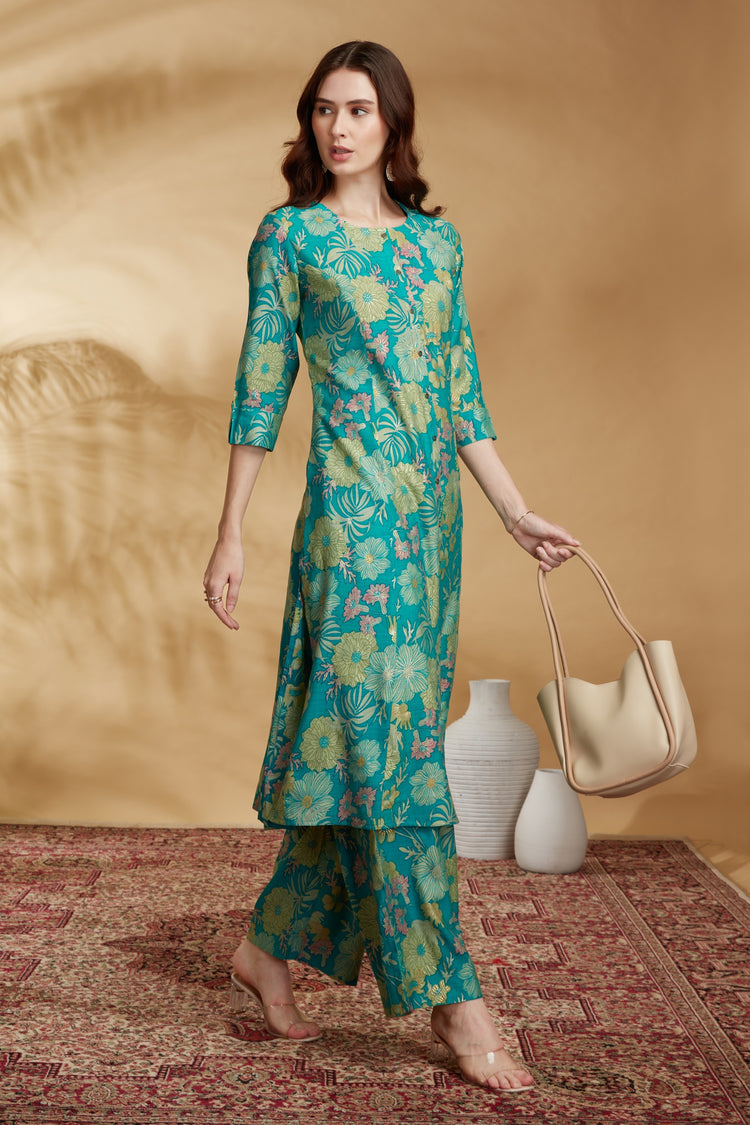 Sea Green Viscose Printed Straight Kurta Pant Co ord Set