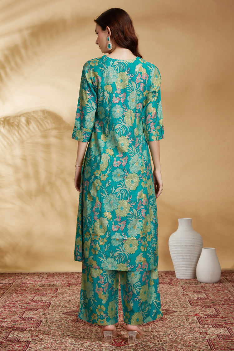 Sea Green Viscose Printed Straight Kurta Pant Co ord Set
