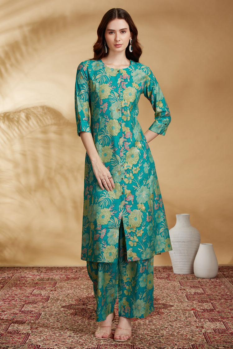 Sea Green Viscose Printed Straight Kurta Pant Co ord Set