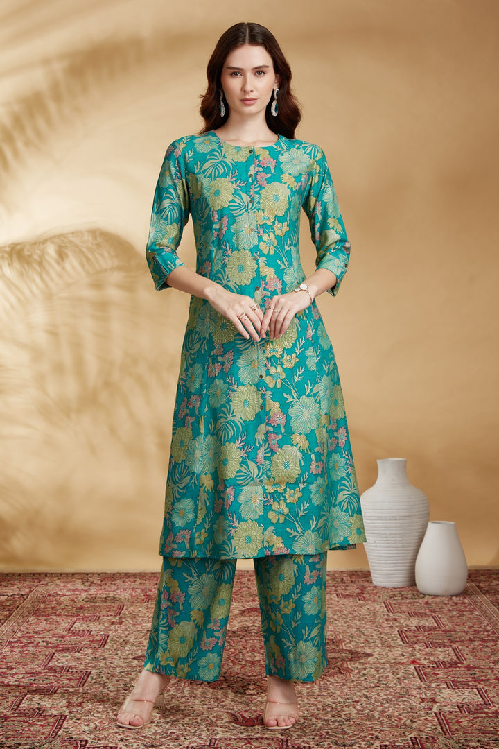 Sea Green Viscose Printed Straight Kurta Pant Co ord Set