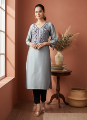 Gray PolySilk Embroidered Straight Kurta