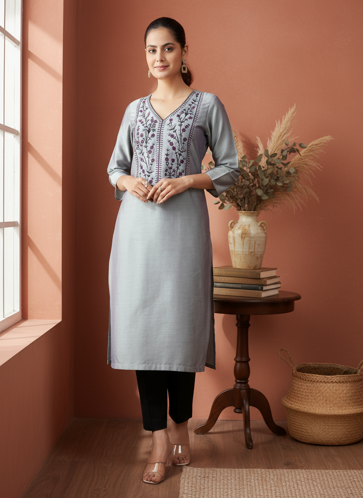 Gray PolySilk Embroidered Straight Kurta