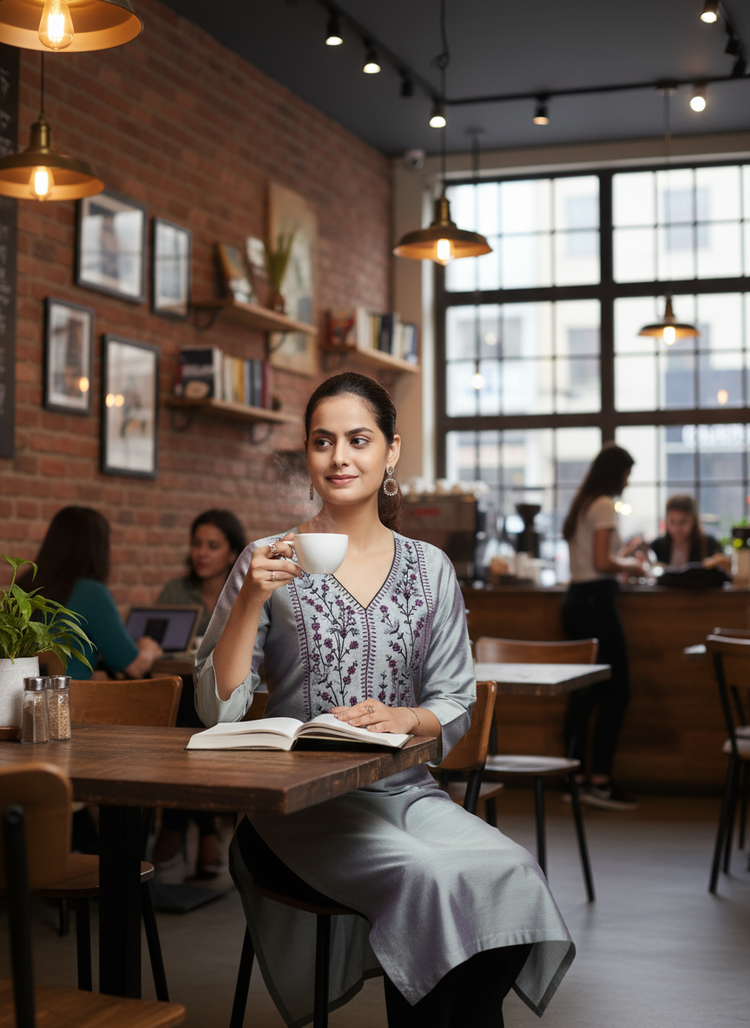 Gray PolySilk Embroidered Straight Kurta