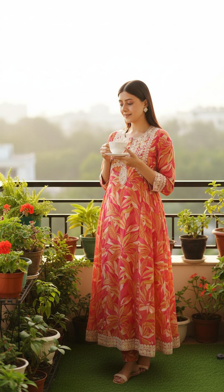Orange Roman Silk Embroidered & Digital Print A Line Kurta and Pant Set
