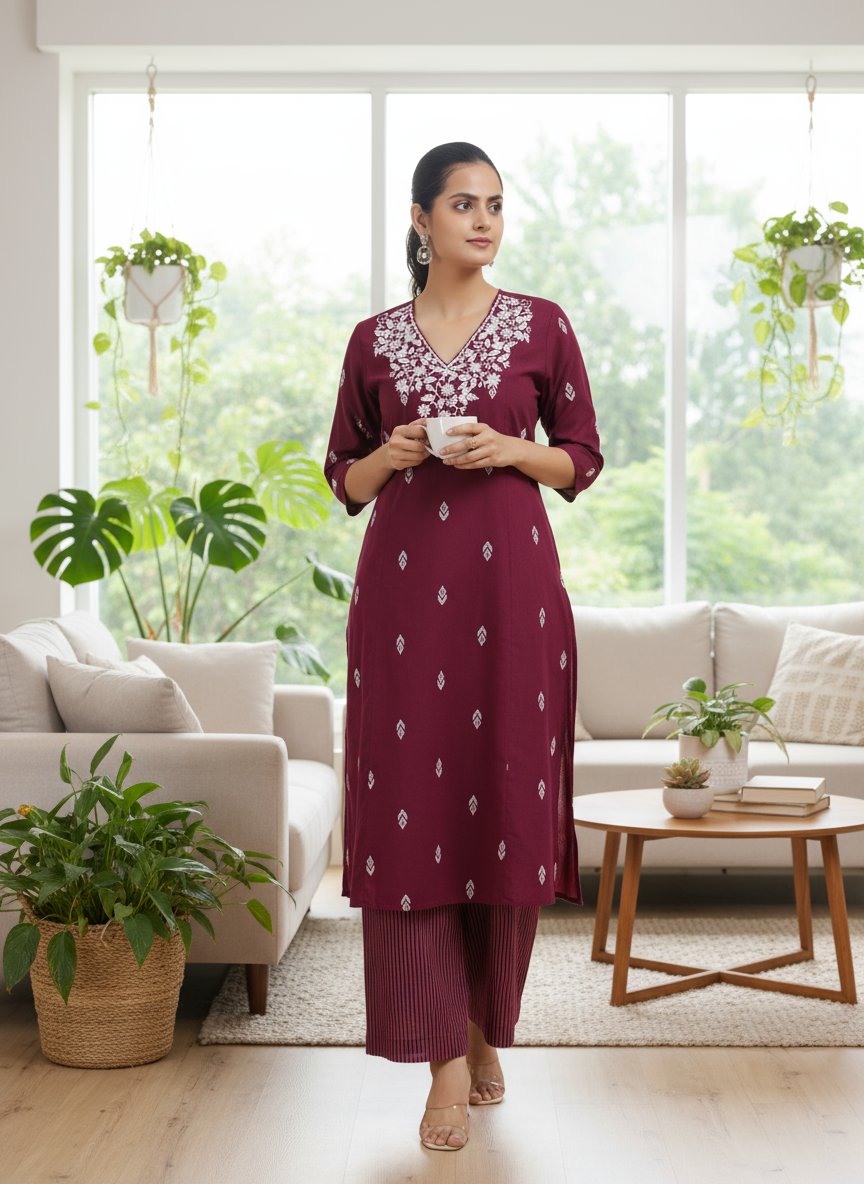 Purple Handloom Embroidered A Line Kurta Pant Co ord Set