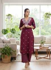 Purple Handloom Embroidered A Line Kurta Pant Co ord Set