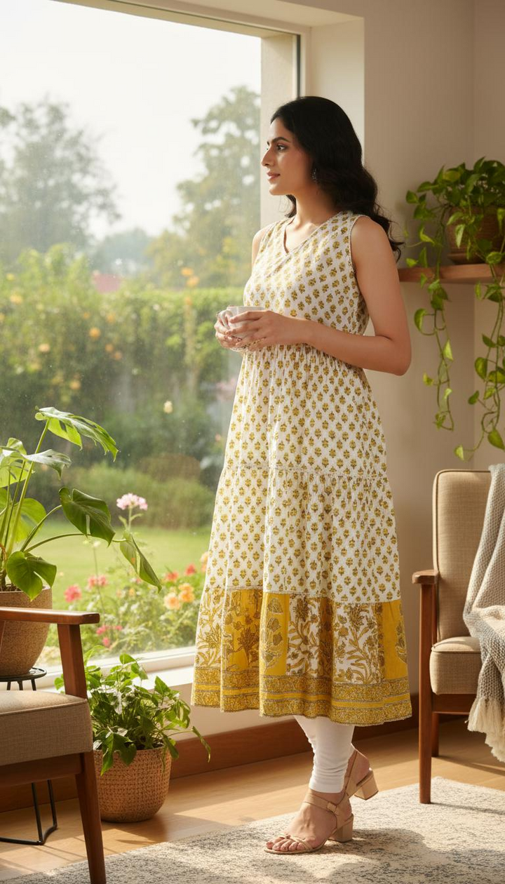 Off White & Yellow Jaipuri Cotton Flared Printed Sleeveless Kurta