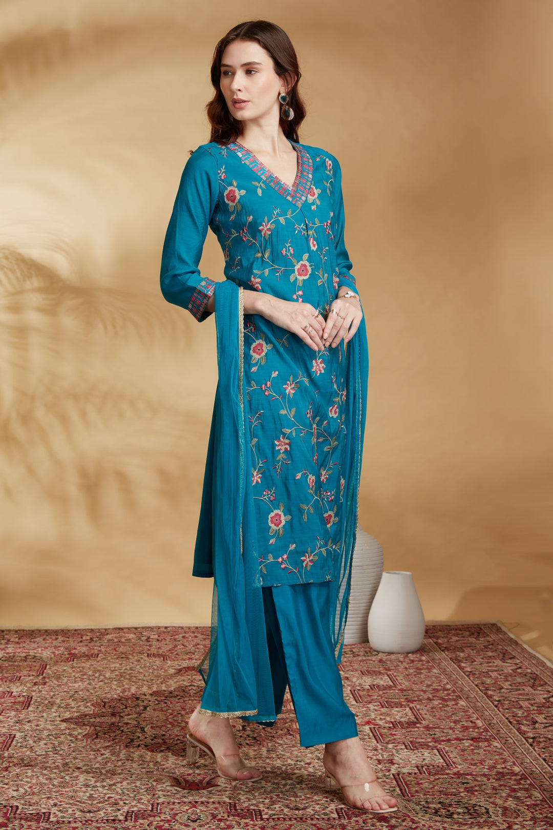 Sky Blue Chanderi Embroidered Straight Kurta Pant and Dupatta Suit Set