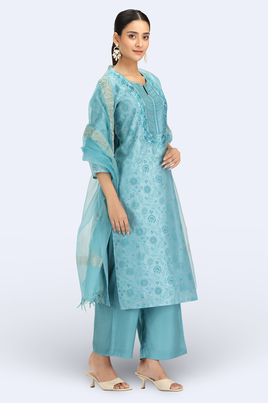 Sky Blue Chanderi Embroidered Straight Kurta Pant and Dupatta Suit Set