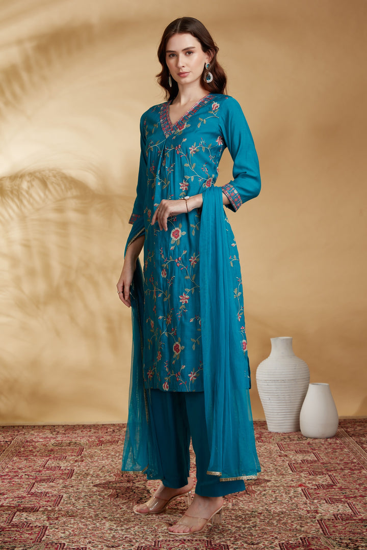 Sky Blue Chanderi Embroidered Straight Kurta Pant and Dupatta Suit Set