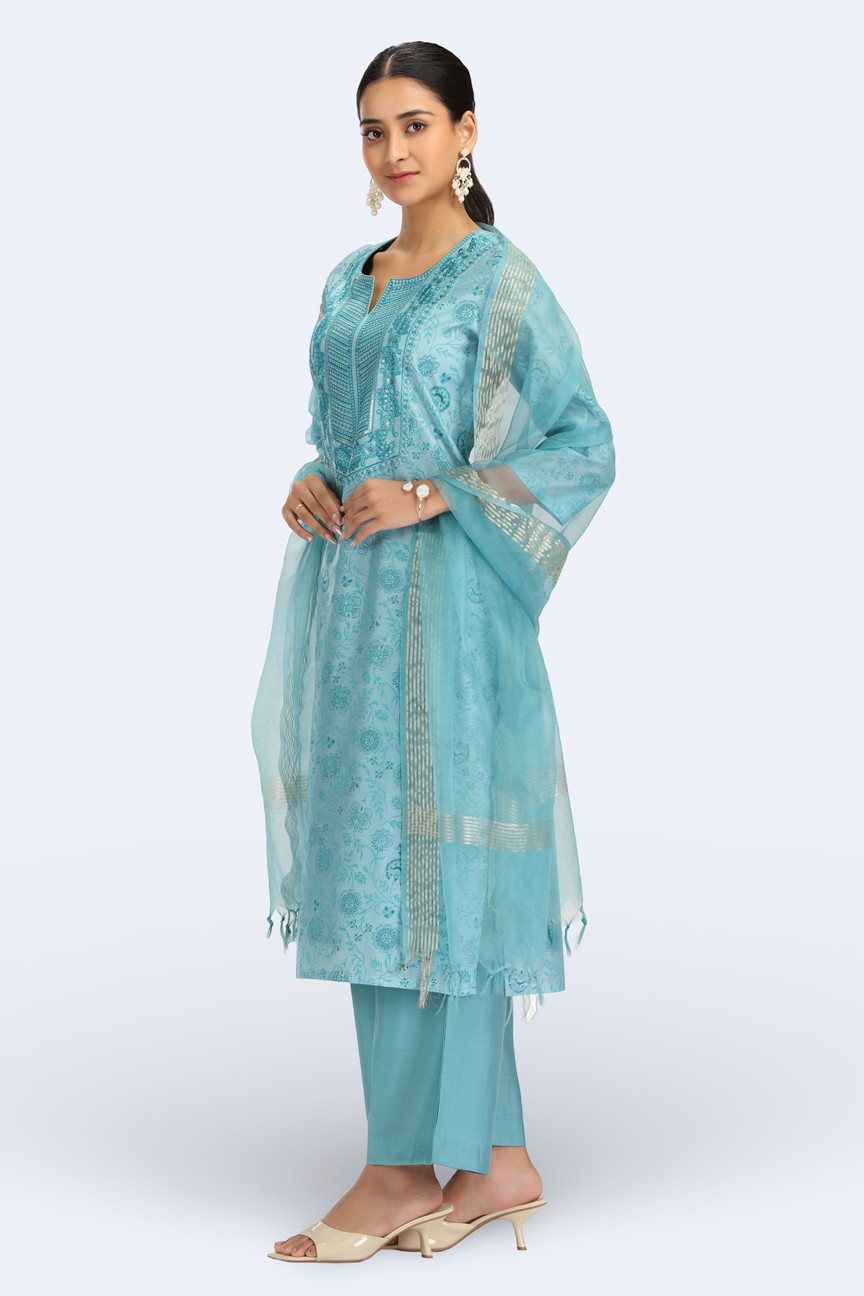 Sky Blue Chanderi Embroidered Straight Kurta Pant and Dupatta Suit Set