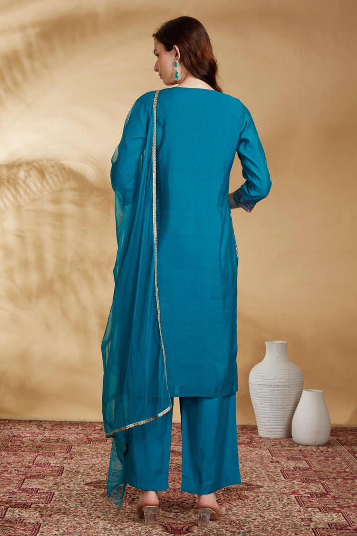 Sky Blue Chanderi Embroidered Straight Kurta Pant and Dupatta Suit Set