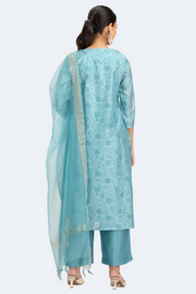 Sky Blue Chanderi Embroidered Straight Kurta Pant and Dupatta Suit Set