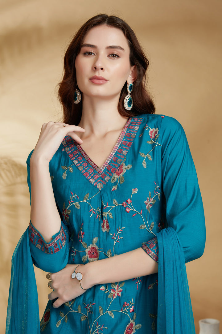 Sky Blue Chanderi Embroidered Straight Kurta Pant and Dupatta Suit Set