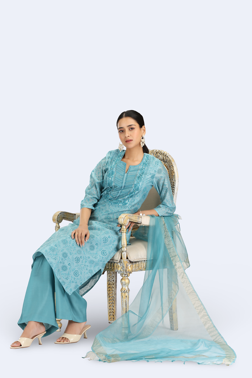 Sky Blue Chanderi Embroidered Straight Kurta Pant and Dupatta Suit Set