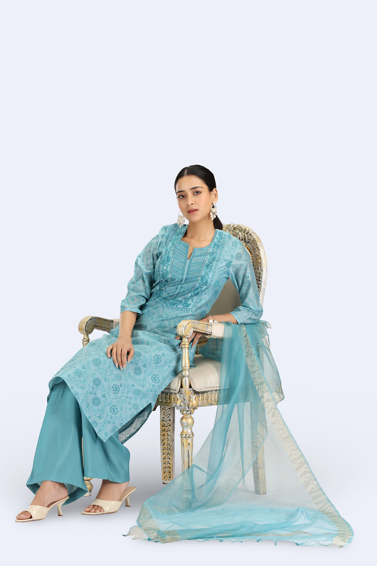 Sky Blue Chanderi Embroidered Straight Kurta Pant and Dupatta Suit Set