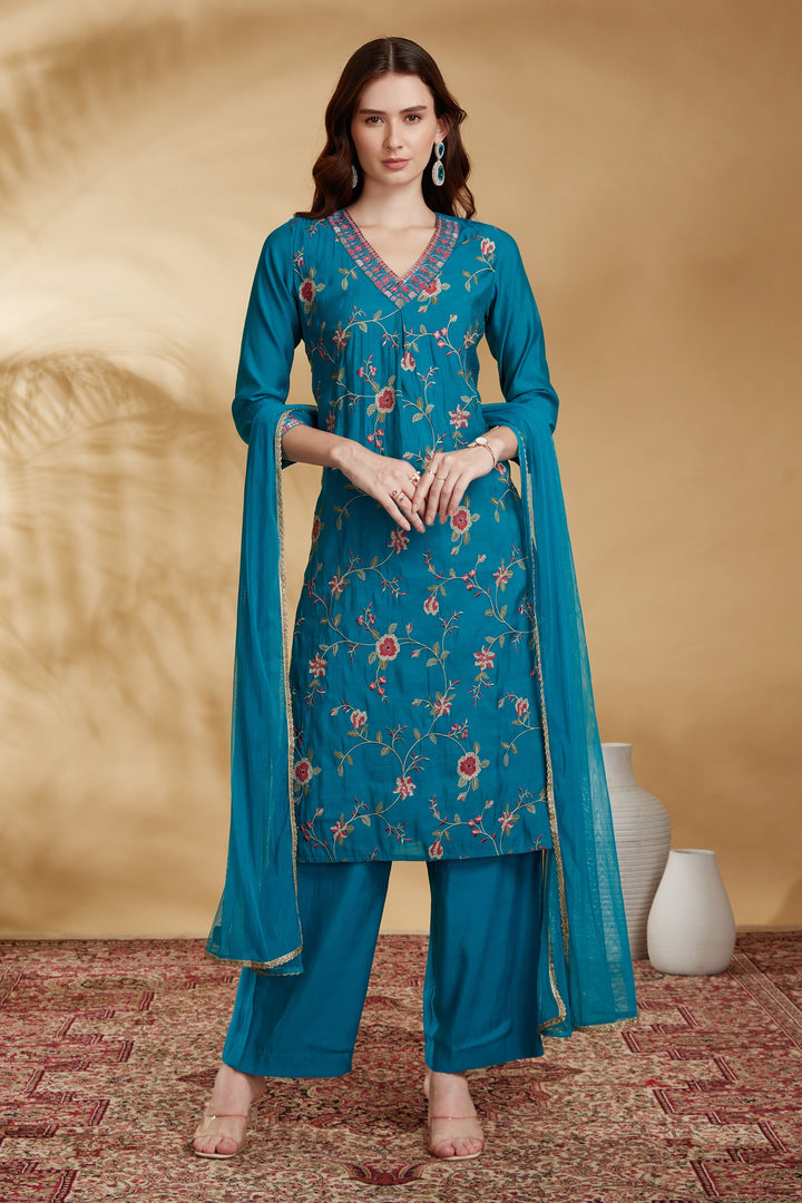 Sky Blue Chanderi Embroidered Straight Kurta Pant and Dupatta Suit Set
