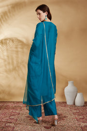 Sky Blue Chanderi Embroidered Straight Kurta Pant and Dupatta Suit Set