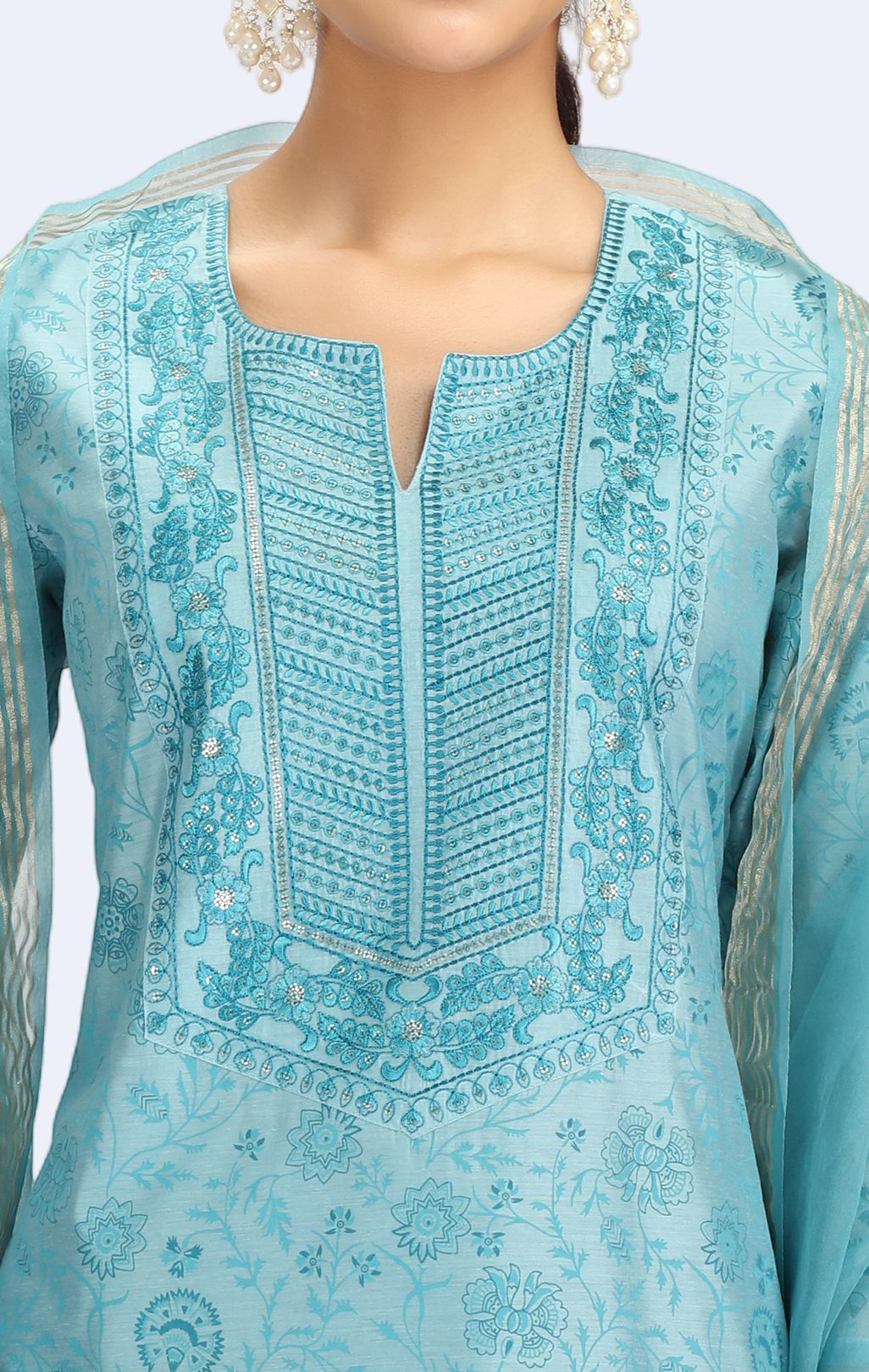 Sky Blue Chanderi Embroidered Straight Kurta Pant and Dupatta Suit Set