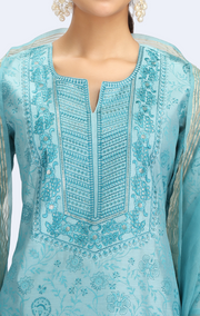 Sky Blue Chanderi Embroidered Straight Kurta Pant and Dupatta Suit Set
