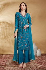 Sky Blue Chanderi Embroidered Straight Kurta Pant and Dupatta Suit Set