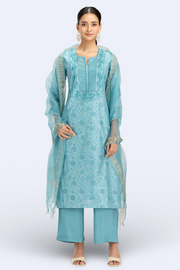 Sky Blue Chanderi Embroidered Straight Kurta Pant and Dupatta Suit Set