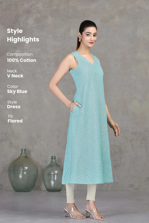 Sky Blue Chevron Printed Flared Dress