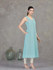 Sky Blue Chevron Printed Flared Dress