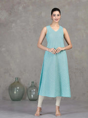 Sky Blue Chevron Printed Flared Dress