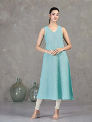 Sky Blue Chevron Printed Flared Dress