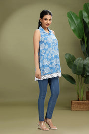 Sky Blue Cotton Printed A Line Short Kurta