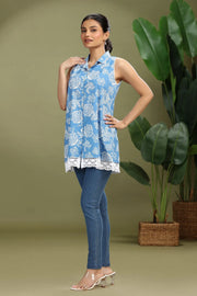 Sky Blue Cotton Printed A Line Short Kurta