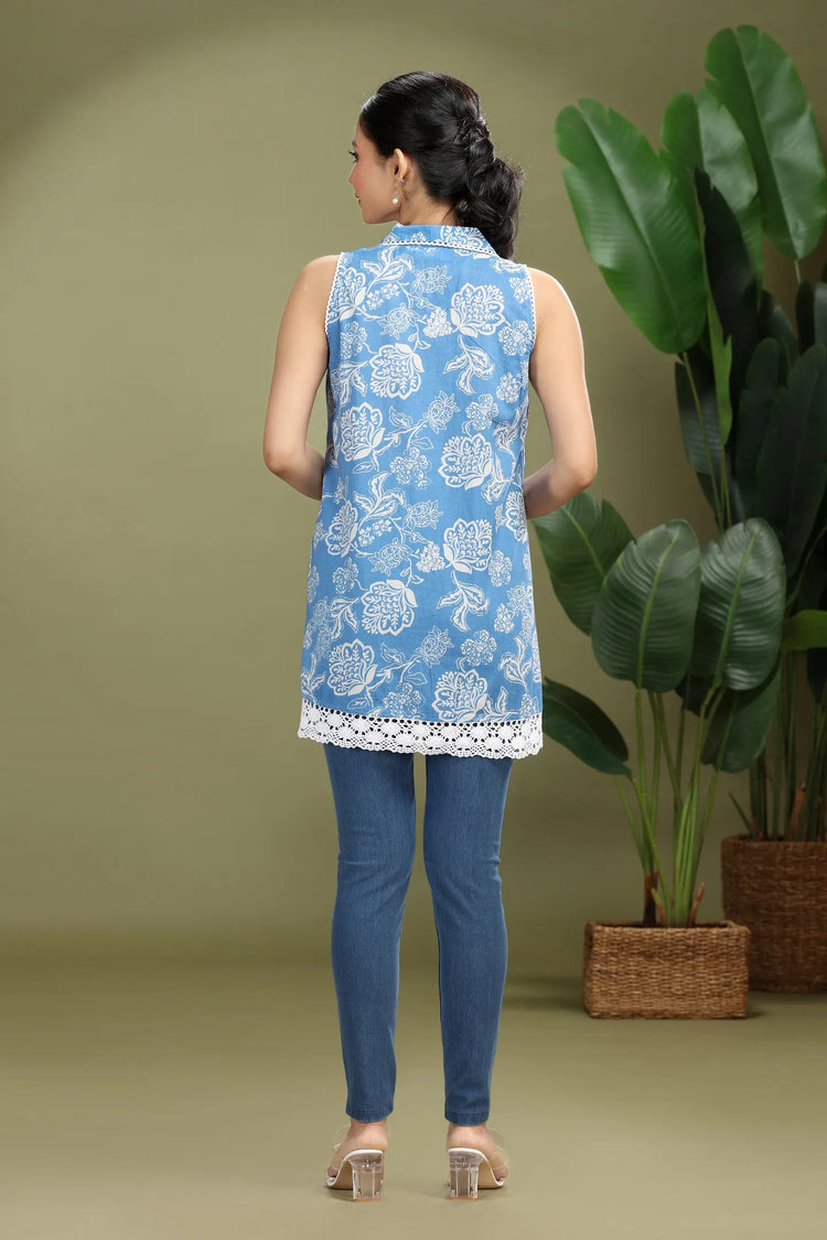 Sky Blue Cotton Printed A Line Short Kurta