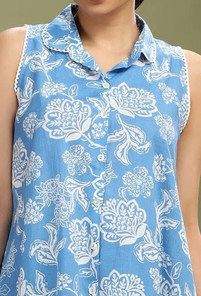 Sky Blue Cotton Printed A Line Short Kurta